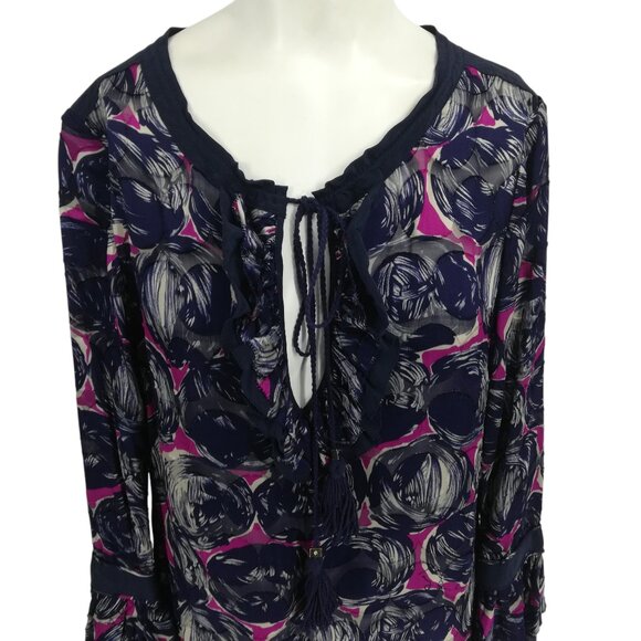 Tory Burch Silk Blend Peasant Tassel Ruffle Bell Sleeve Blouse Size 10 Shirt - Picture 6 of 15